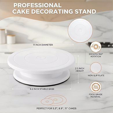 White Rotating Cake Turntable 11 Inch, Smooth Revolving Stand for Display & Decorating