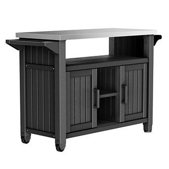 Outdoor Prep Table with Stainless Steel Top, Movable Grill Cart with Storage, Weatherproof Resin