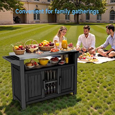 Outdoor Prep Table with Stainless Steel Top, Movable Grill Cart with Storage, Weatherproof Resin