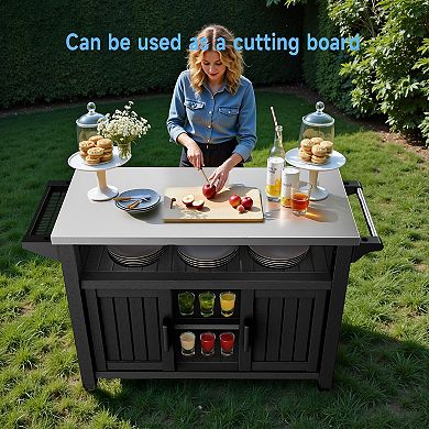 Outdoor Prep Table with Stainless Steel Top, Movable Grill Cart with Storage, Weatherproof Resin