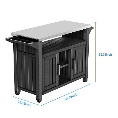 Outdoor Prep Table with Stainless Steel Top, Movable Grill Cart with Storage, Weatherproof Resin