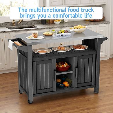 Outdoor Prep Table with Stainless Steel Top, Movable Grill Cart with Storage, Weatherproof Resin