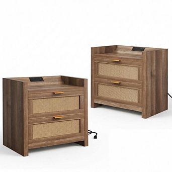 Set of 2 Rattan Nightstands with Charging Station, 2 Drawers, Boho Bedside Table for Bedroom