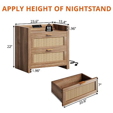 Set of 2 Rattan Nightstands with Charging Station, 2 Drawers, Boho Bedside Table for Bedroom