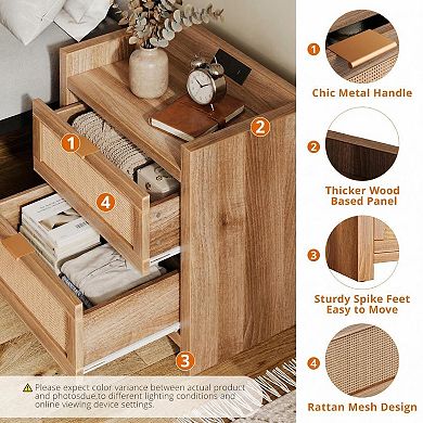 Set of 2 Rattan Nightstands with Charging Station, 2 Drawers, Boho Bedside Table for Bedroom
