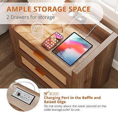 Set of 2 Rattan Nightstands with Charging Station, 2 Drawers, Boho Bedside Table for Bedroom