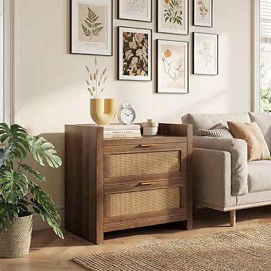 Set of 2 Rattan Nightstands with Charging Station, 2 Drawers, Boho Bedside Table for Bedroom