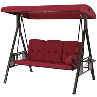 3 Person Metal Patio Swing with Removable Cushion and Cup Holder Outdoor Porch Swing Chair