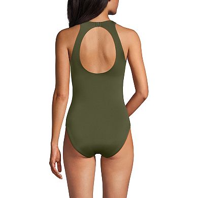 Women's Long Lands' End Tugless High Neck Portrait Back One-Piece Swimsuit