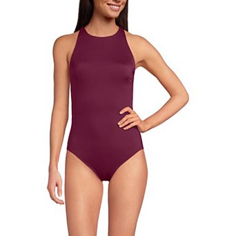 Women's Long Lands' End Tugless High Neck Portrait Back One-Piece Swimsuit