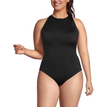 Women's Long Lands' End Tugless High Neck Portrait Back One-Piece Swimsuit