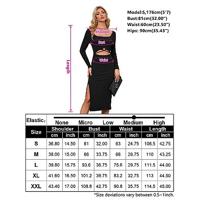 Women's Square Neck Long Sleeve Ribbed Knit Cutout Side Slit Midi Dress