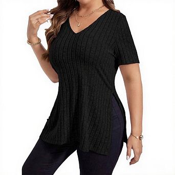 Women's Casual Loose Fit V Neck Short Sleeve Ribbed Side Slit T Shirt