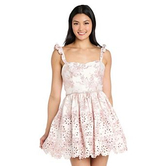 Juniors' Morgan and Co Floral Metallic Jacquard Ruffle Strap Mini Dress