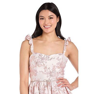 Juniors' Morgan and Co Floral Metallic Jacquard Ruffle Strap Mini Dress in Regular & Plus Size