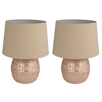 Hello Honey Capiz Table Lamp with Linen Shade and Inline Switch, Pink and Natural, Set of 2