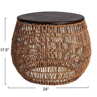 Hello Honey Hand-Woven Seagrass and Pine Wood Round Side Table