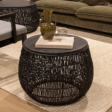 Hello Honey Hand-Woven Seagrass and Pine Wood Round Side Table