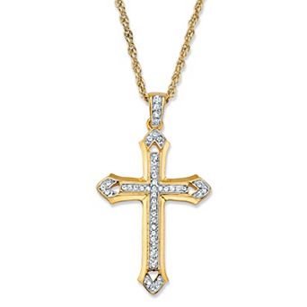 Men's Round Crystal Goldtone Cross Pendant Necklace with Rope Chain 24"