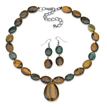 Genuine Jasper and Tiger's Eye Silvertone Necklace and Earrings Set