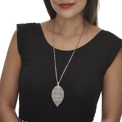 Silvertone Leaf Drop Necklace, 26 inch chain, plus 2 inch extension
