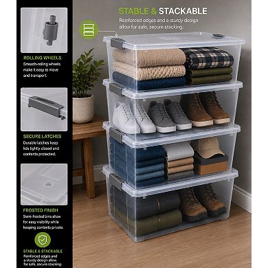 Sorbus Clear Plastic 40qt Underbed Storage Containers with Wheels, Snap Lock Lids and Handles