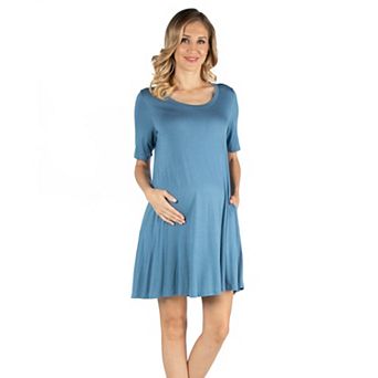 Maternity 24Seven Comfort Apparel Round Neck Elbow Sleeve Flared T-Shirt Pocket Dress