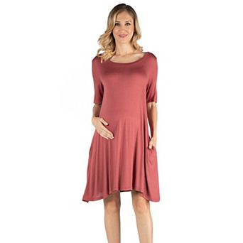 Maternity 24Seven Comfort Apparel Round Neck Elbow Sleeve Flared T-Shirt Pocket Dress