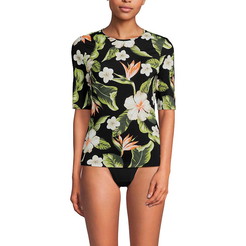 Women's Lands' End SunShade UPF 50 Elbow Sleeve Rash Guard Swim Top,