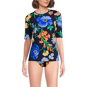 Women's Lands' End SunShade UPF 50 Elbow Sleeve Rash Guard Swim Top