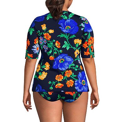 Women's Lands' End Long Torso UPF 50 Elbow Sleeve Rash Guard Swim Top