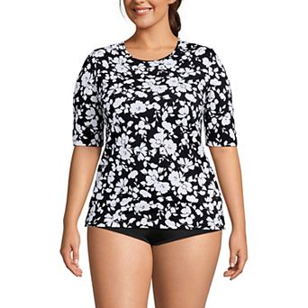 Women's Lands' End Long Torso UPF 50 Elbow Sleeve Rash Guard Swim Top