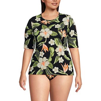 Women's Lands' End Long Torso UPF 50 Elbow Sleeve Rash Guard Swim Top