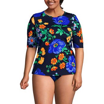 Women's Lands' End Long Torso UPF 50 Elbow Sleeve Rash Guard Swim Top