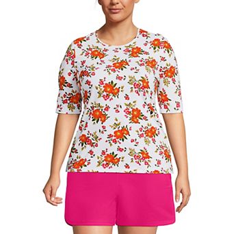 Women's Lands' End Long Torso UPF 50 Elbow Sleeve Rash Guard Swim Top