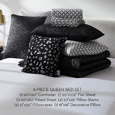 Nine West Black Leopard 8-Piece Comforter Set with Coordinating Throw Pillow