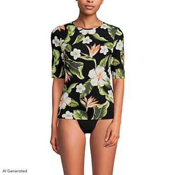 Petite Lands' End SunShade UPF 50 Elbow Sleeve Rashguard Swim Top