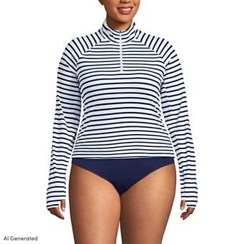 Plus Size Lands' End SunShade UPF 50 Quarter Zip Rashguard Swim Top