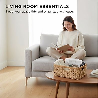 Rectangular Wicker Storage Basket, Water Hyacinth with Handles Large