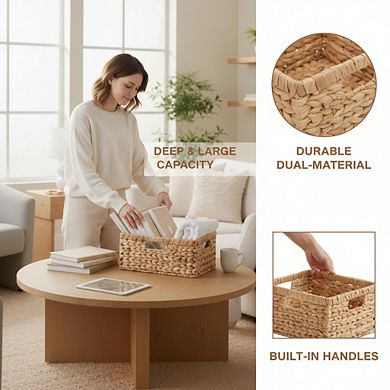 Rectangular Wicker Storage Basket, Water Hyacinth with Handles Large