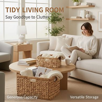 Rectangular Wicker Storage Basket, Water Hyacinth with Handles Large