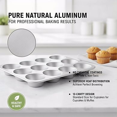Natural Aluminum Muffin Pan 12-Cup, Heavy-Duty Commercial Baking Pan