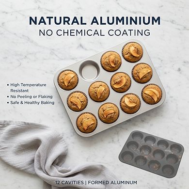 Natural Aluminum Muffin Pan 12-Cup, Heavy-Duty Commercial Baking Pan