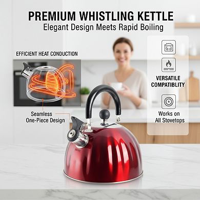Pumpkin Shaped Stainless Steel Tea Kettle 2.1Qt, Metallic Red Whistling Fast Boil