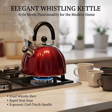 Pumpkin Shaped Stainless Steel Tea Kettle 2.1Qt, Metallic Red Whistling Fast Boil