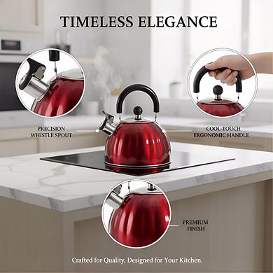 Pumpkin Shaped Stainless Steel Tea Kettle 2.1Qt, Metallic Red Whistling Fast Boil