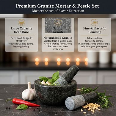 Natural Stone Grinder Large Black Granite, Mortar & Pestle for Spices, Seasonings & Pesto