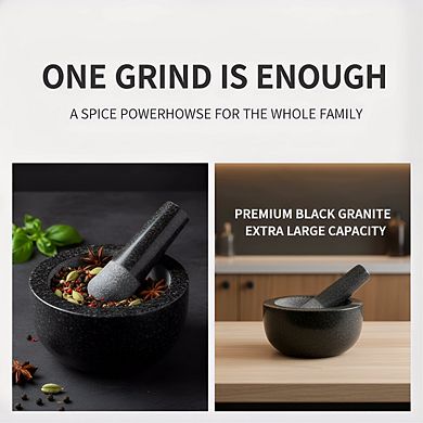 Natural Stone Grinder Large Black Granite, Mortar & Pestle for Spices, Seasonings & Pesto