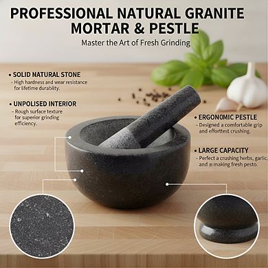 Natural Stone Grinder Large Black Granite, Mortar & Pestle for Spices, Seasonings & Pesto