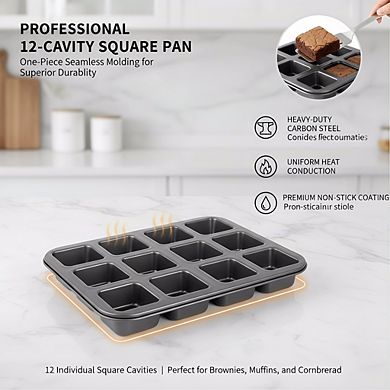 Nonstick All Edges Brownie Pan 12-Cavity, Mini Cake & Cookie Baking Tray